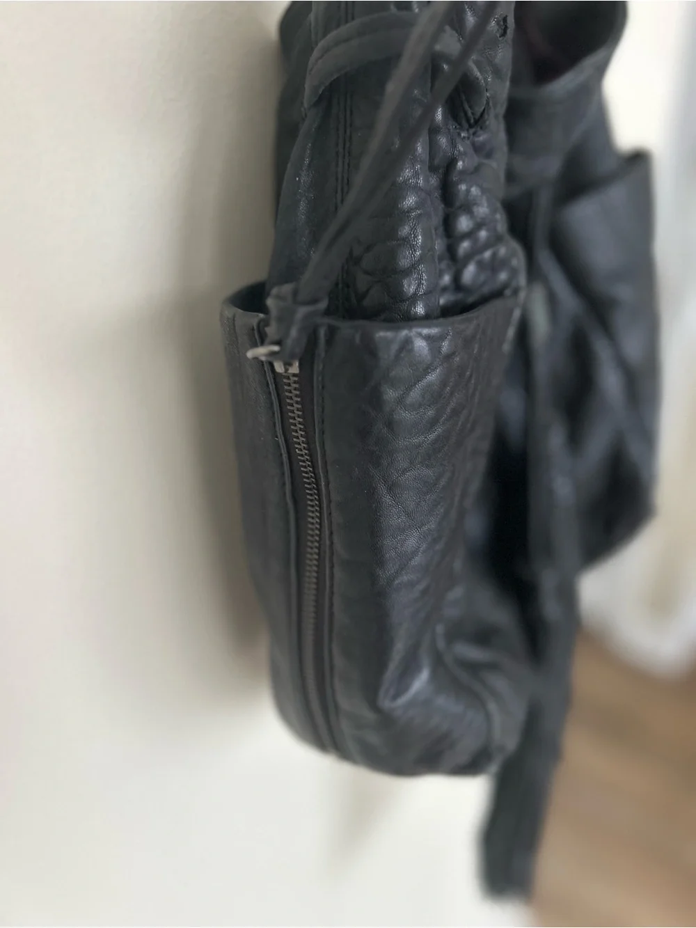 vintage Kooba hobo bag, drawstring closure, fringe tassels, exterior pockets.